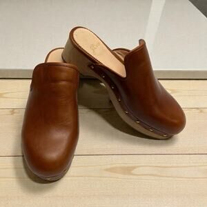 J.Crew Slip On Studded Platform Clogs Brown Leather Wood Platform Heel Women 5.5